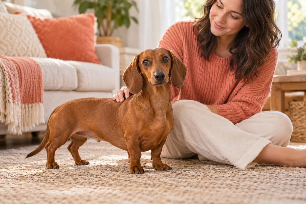 Owner sitting beside a dachshund at home